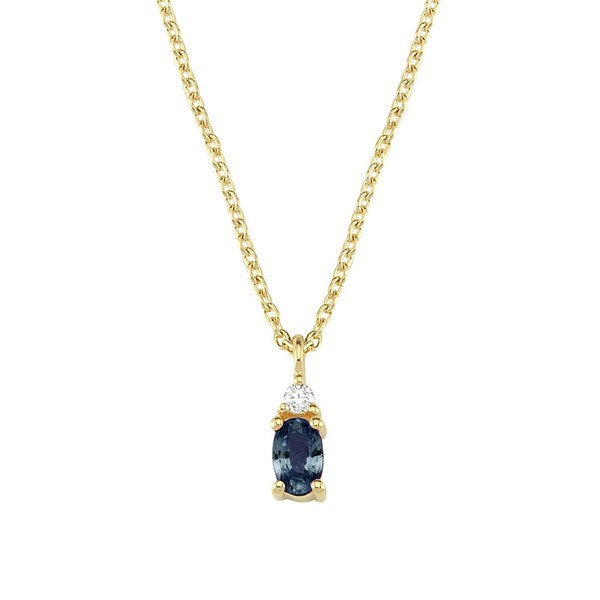 Petit vedhæng i 14 kt guld med oval blå safir og diamant 0,025 ct inkl. kæde fra Nuran.